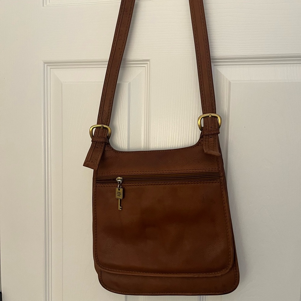Fossil Brown Leather Crossbody Bag Front Zip Pocket Key Charm
